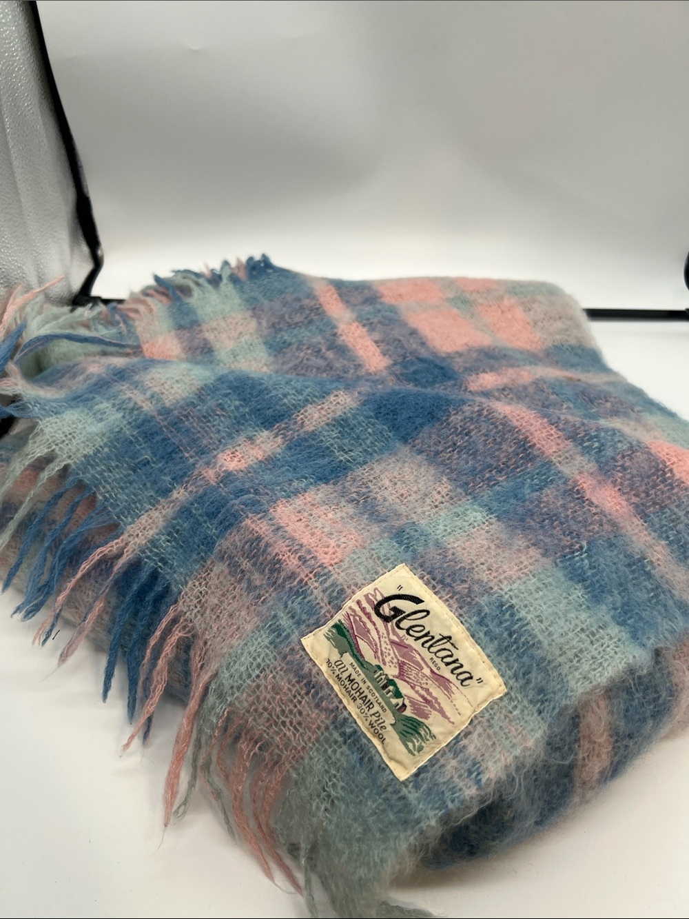 Pastel Plaid Fringe Blanket Scarf Pink & Blue Mohair vintage Scotland wool blend